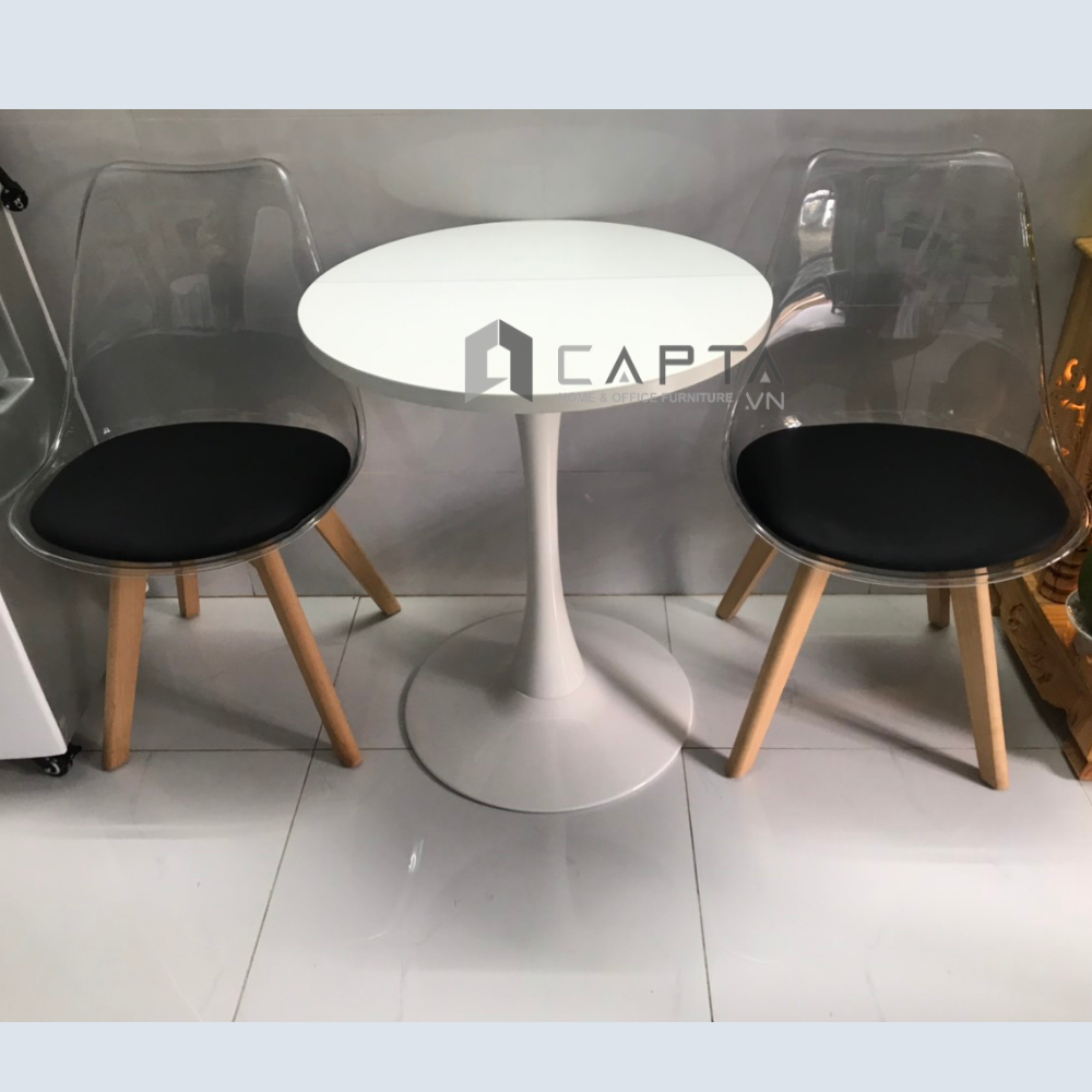 Bộ bàn tiếp khách 2 ghế Eames thân nhựa trong suốt nệm PVC chân gỗ bàn chân trụ mặt tròn 60cm Bộ bàn ghế nhỏ gọn tiết kiệm diện tích SL TE TULIP 2-06W / DSW-PC3 Livingroom Compact Table Set