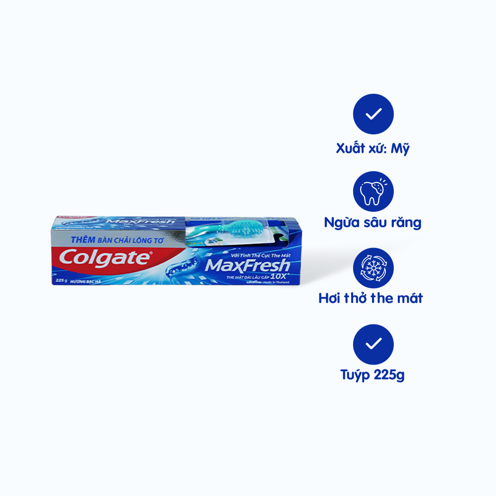 Kem Đánh Răng COLGATE Maxfresh Bạc Hà Tinh Thể The Mát tuýp 225g + Bàn Chải Đánh Răng