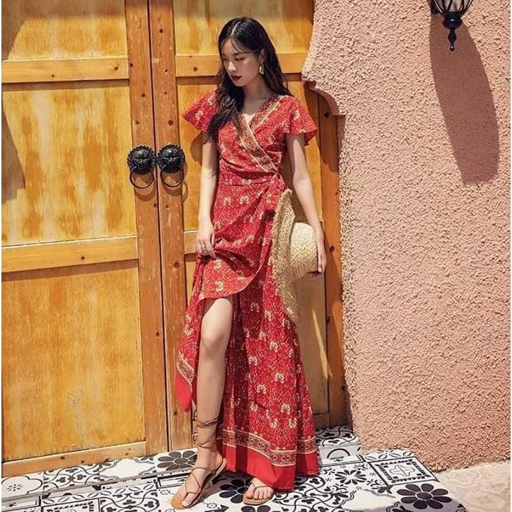 Váy Du Lịch Đỏ Thổ Cẩm Boho Buộc Eo Cộc Tay