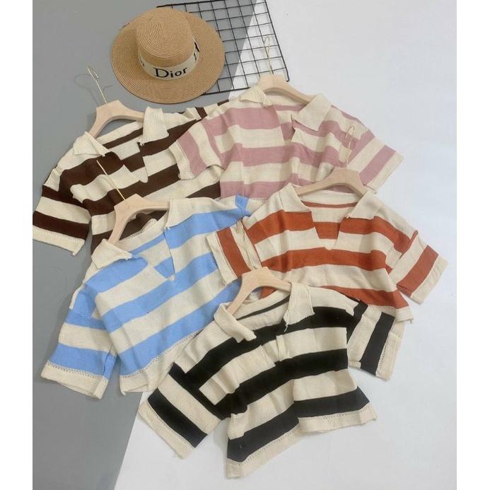 Áo croptop cổ bẻ khoét Quảng Châu kẻ sọc