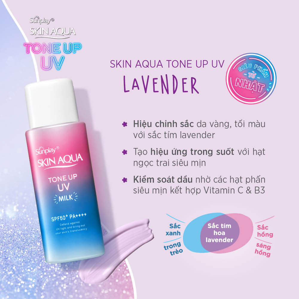 Kem chống nắng nâng tông Skin Aqua Tone up Lavender cho da tối màu &amp; da vàng, dạng sữa Sunplay Skin Aqua Tone Up UV Milk Lavender SPF 50+ PA++++ 50g