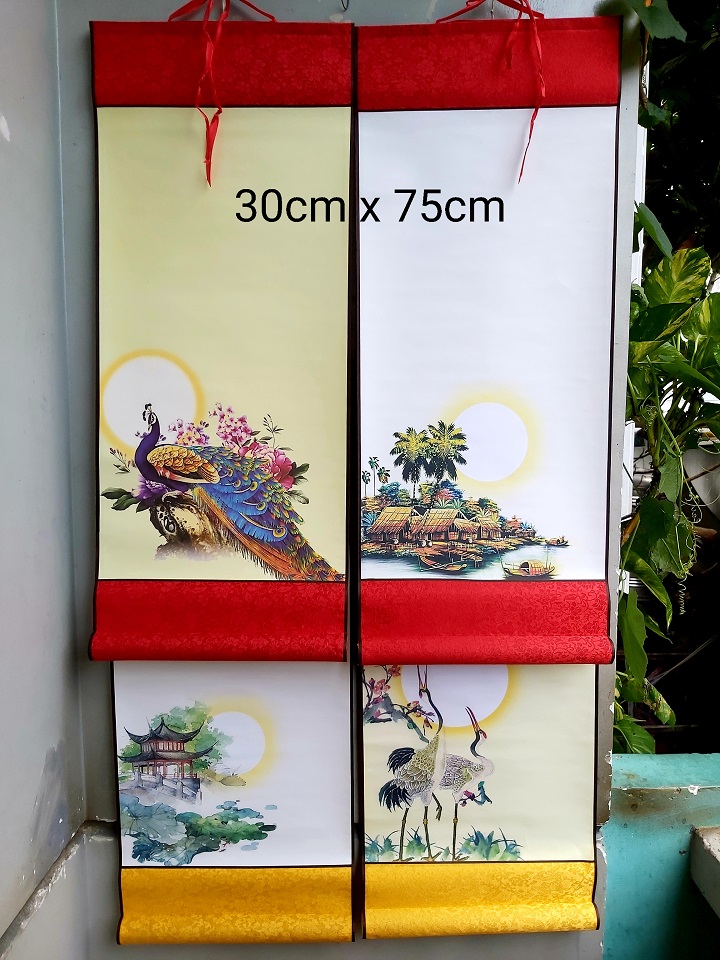 Bộ 4 biểu lụa viết thư pháp in tranh 4 mẫu kích thước 30cm x 75cm