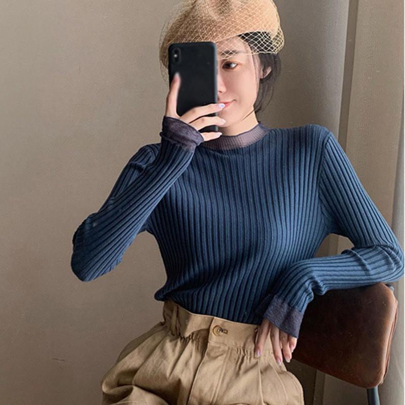 Áo dệt kim màu trơn cổ tròn phối ren kiểu tay dài trẻ trung xinh xắn