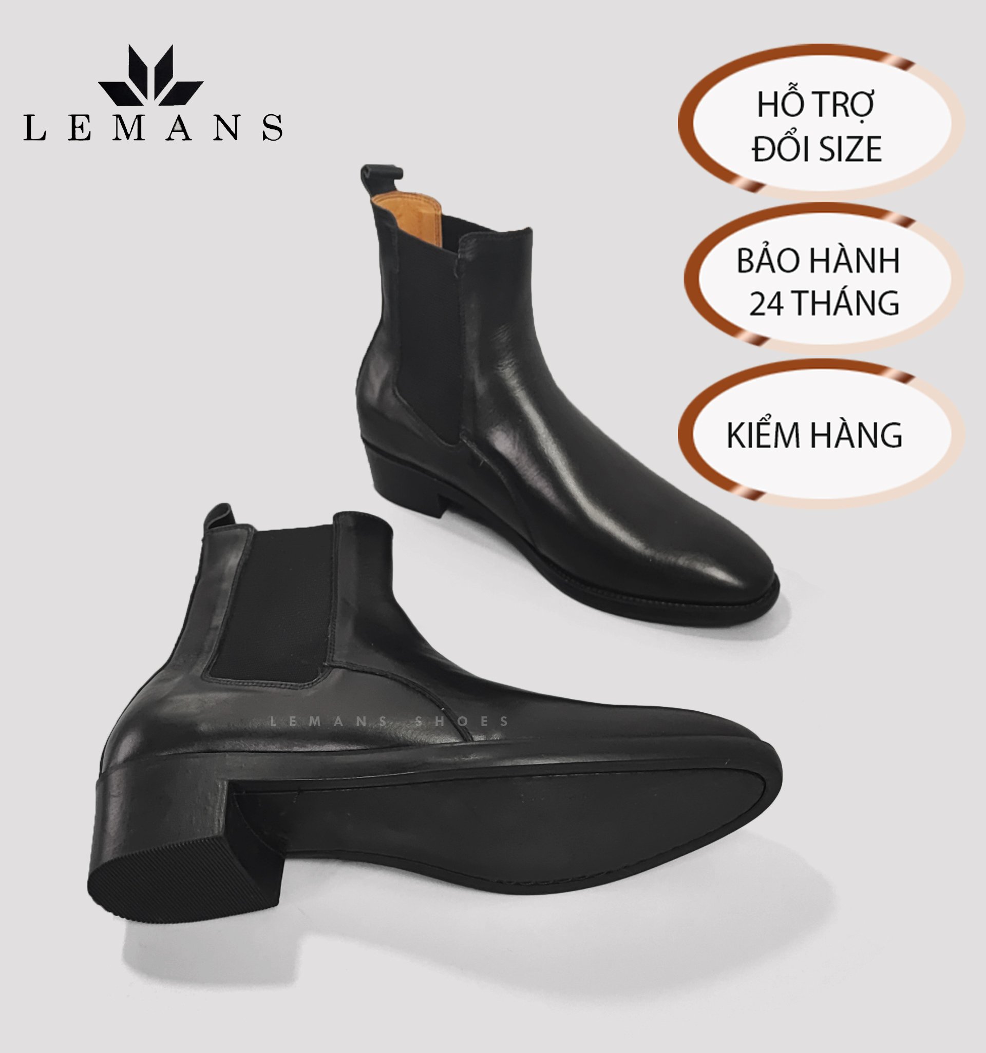 [CHELSEA CLASSIC] Giày da nhập khẩu Chelsea Boots LeMans CB04 mũi nhọn, tăng cao 5cm, bảo hành 12-24 tháng