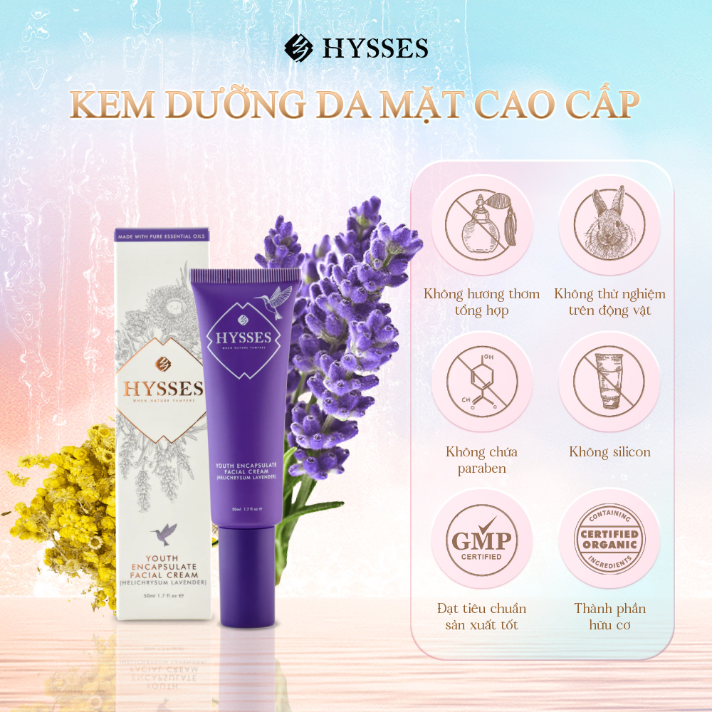 Kem Dưỡng Da Cao Cấp Hysses Youth Encapsulate Facial Cream Khôi Phục, Tái Tạo và Trẻ Hóa Tế Bào Da Với Tinh Dầu Cúc Trường Sinh - Oải Hương Hữu Cơ Tự Nhiên