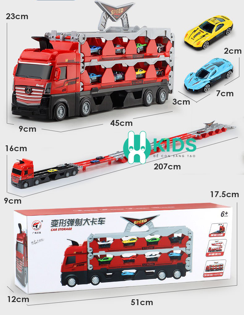Đồ chơi xe tải container 3 tầng biến dạng lắp ghép thành đường đua dài 2m kèm nhiều ô tô hợp kim kích thước lớn cho bé