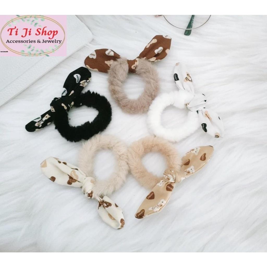 Dây buộc tóc scrunchie lông mềm hình cái nơ dễ thương nhiều sắc màu