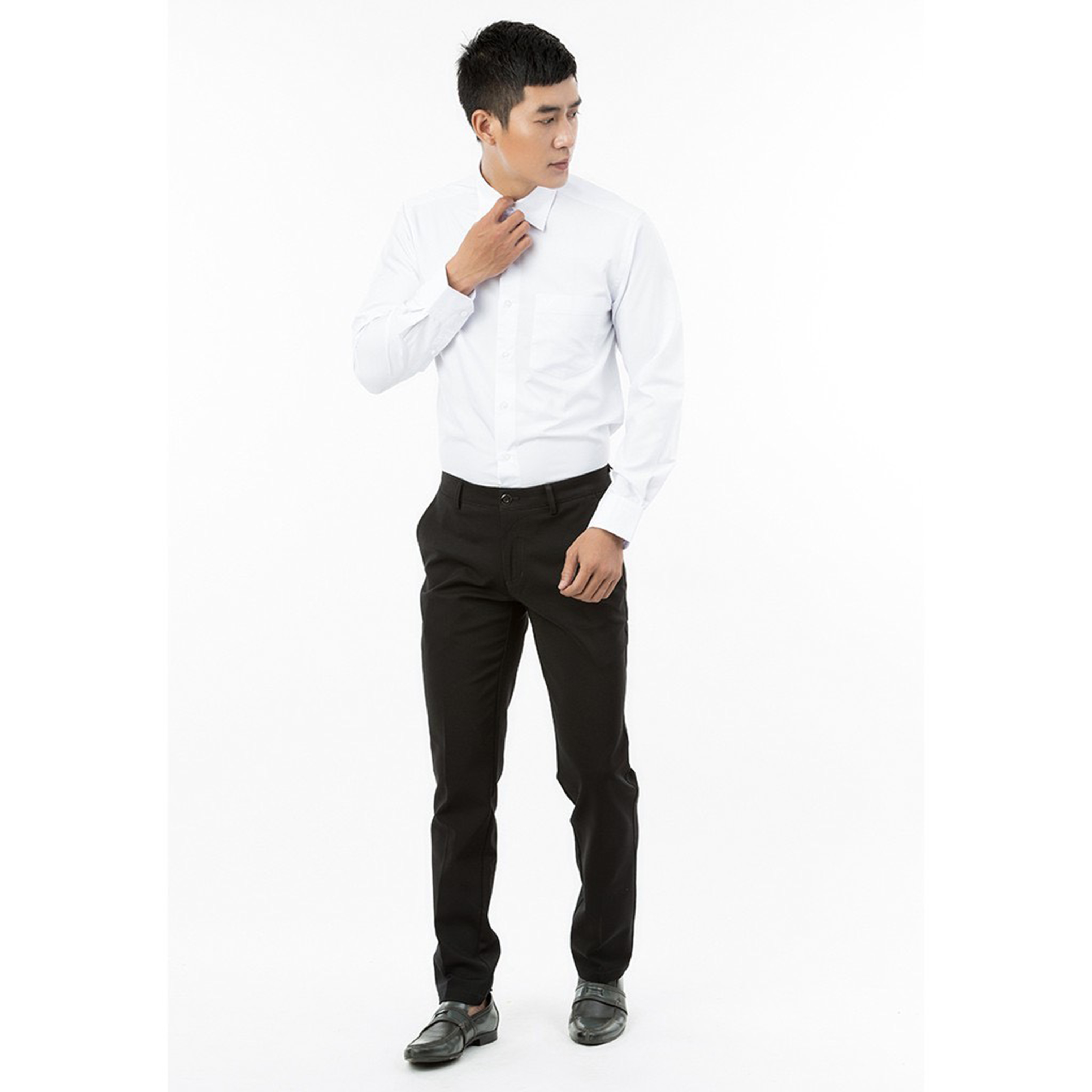 Áo sơ mi nam trơn màu dài tay vạt ngang Regular Vĩnh Tiến 330