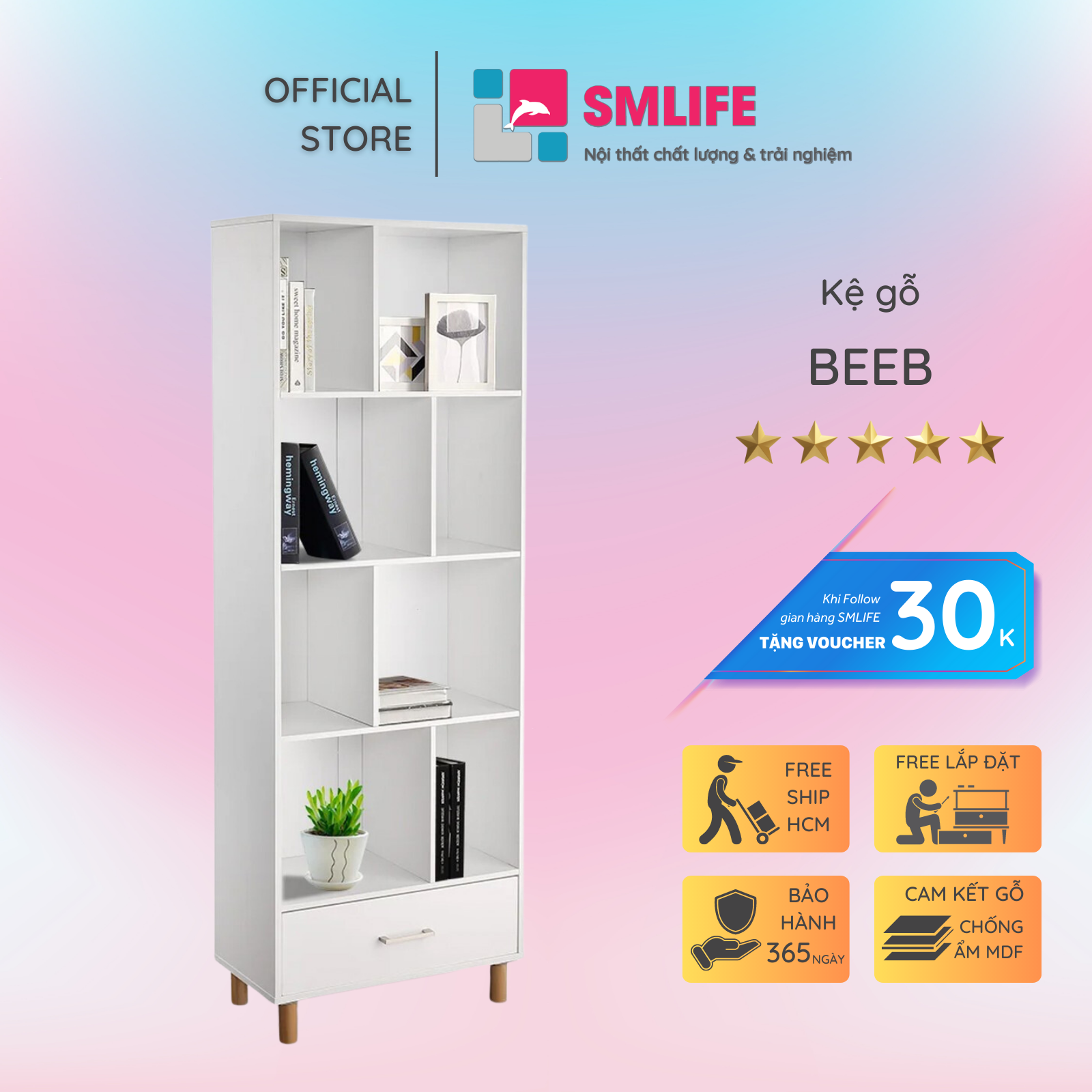 Kệ sách, kệ trang trí gỗ hiện đại SMLIFE Beeb  | Gỗ MDF dày 17mm chống ẩm | D60xR30xC170cm