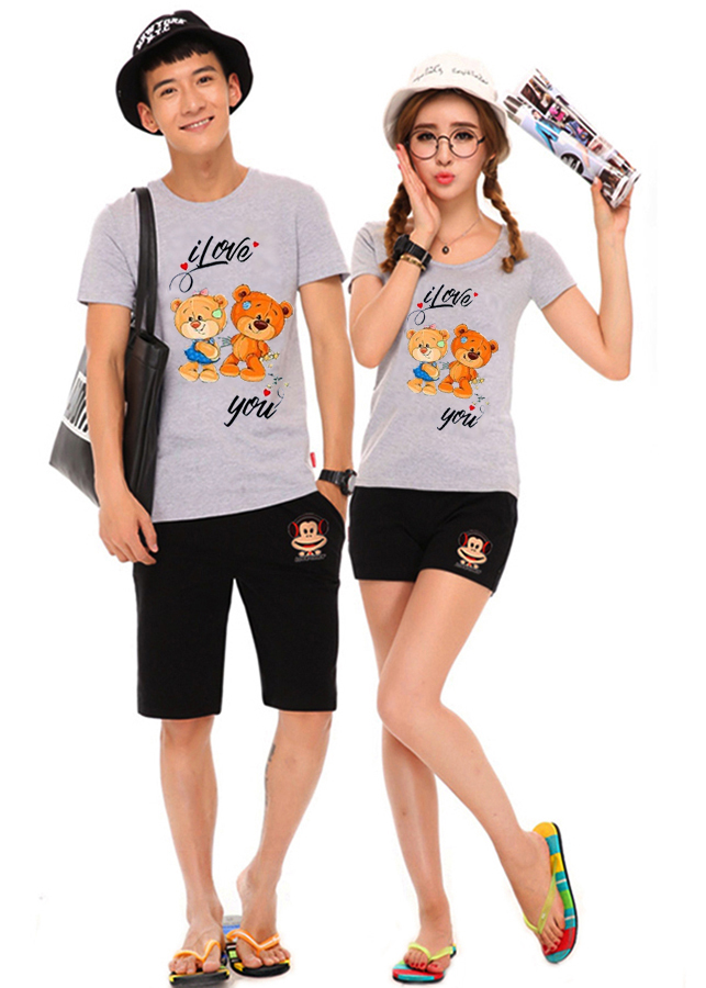 Bộ Áo Thun Đôi Nam Nữ I Love You Màu Xám