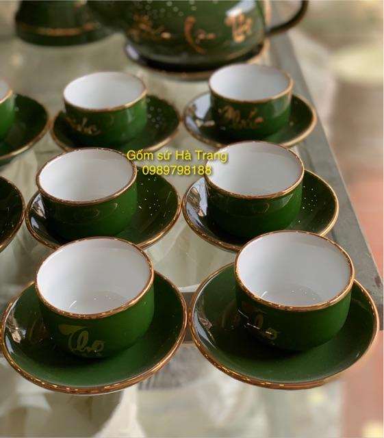 Bộ ấm chén Phúc Lộc Thọ dáng chóp men lục bảo vẽ vàng Gốm sứ Bát Tràng cao cấp
