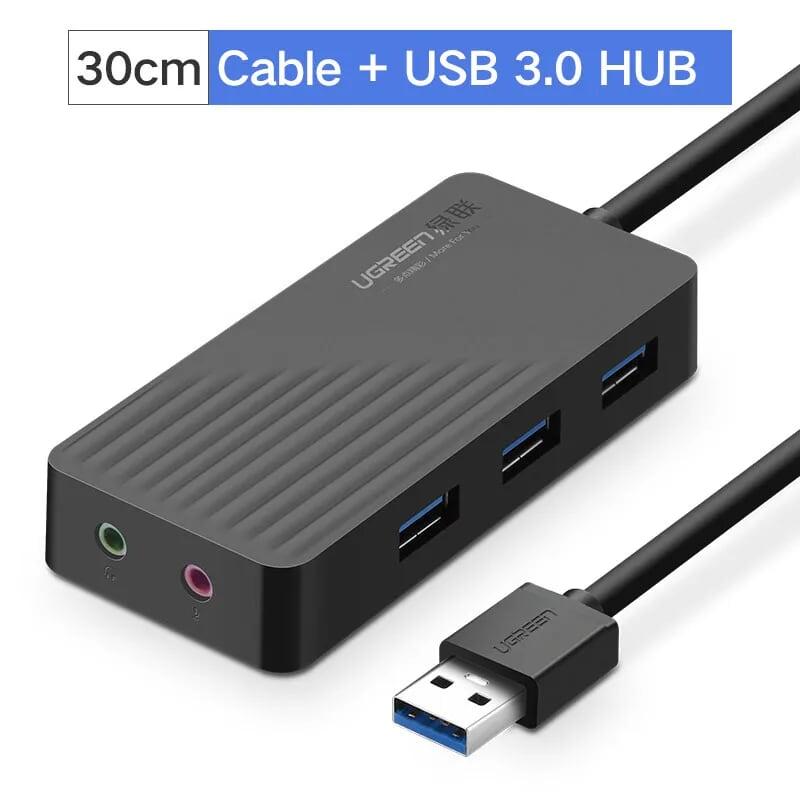 Ugreen UG30420CR133TK 30CM màu Đen Bộ chia HUB USB 3.0 sang 3 USB 3.0 + cổng âm thanh 3.5mm hỗ trợ nguồn MICRO USB - HÀNG CHÍNH HÃNG