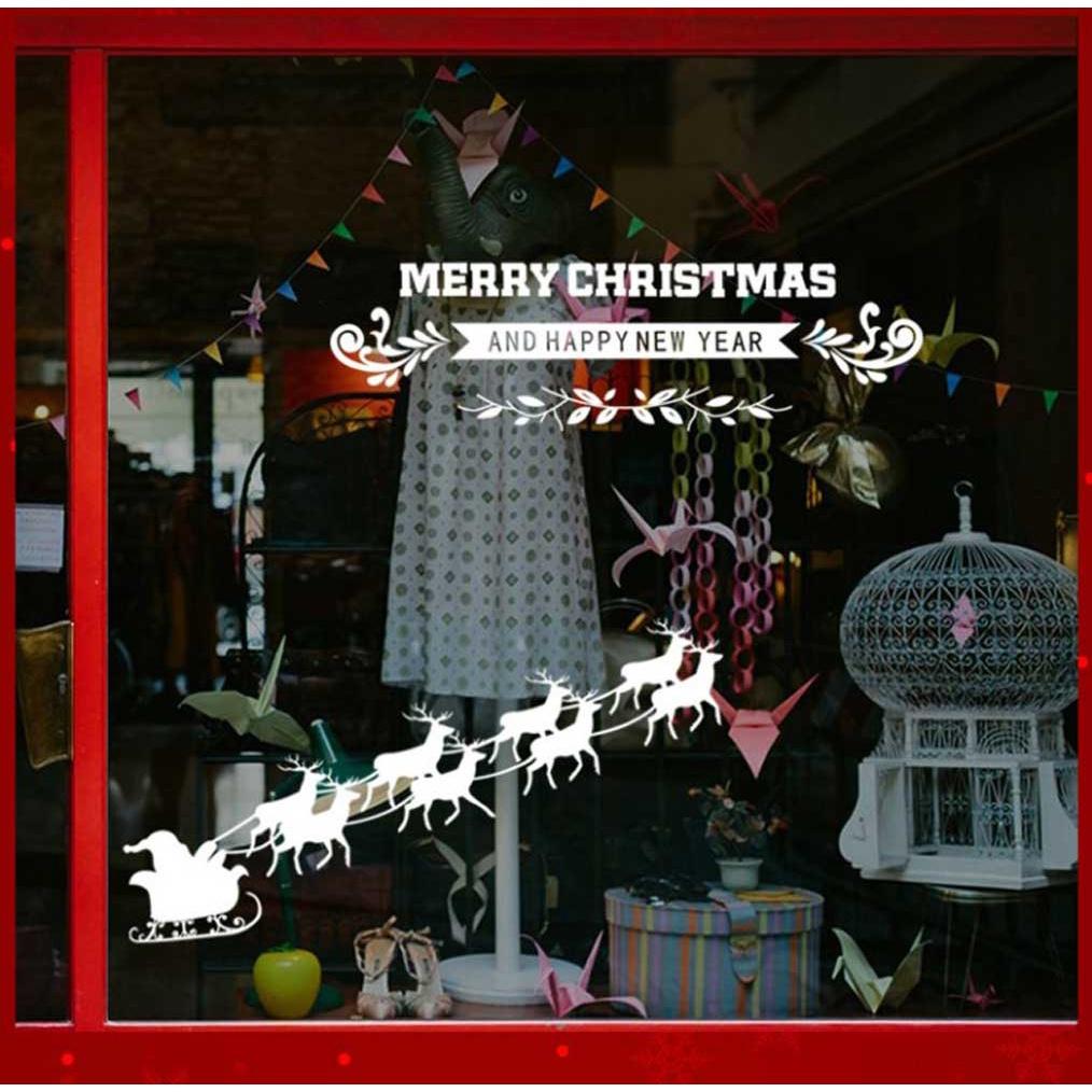 Decal trang trí Noel đoàn tuần lộc và chữ Merry christmas and happy new year