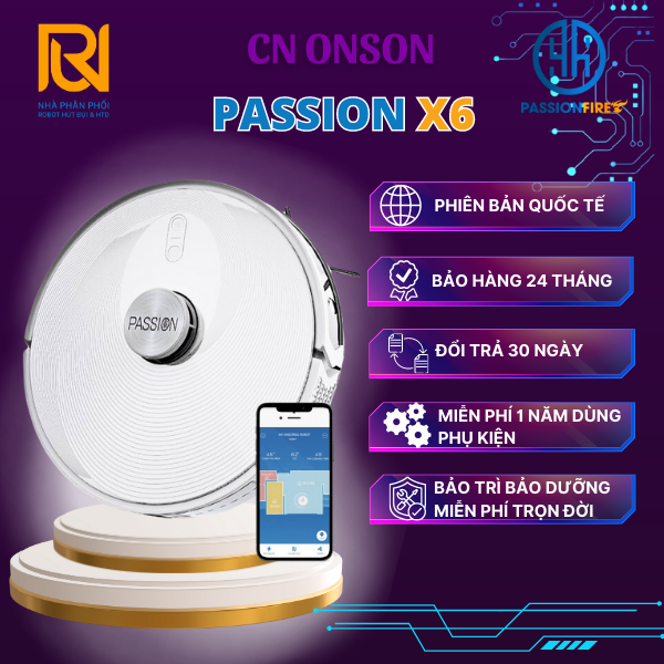 Passion X6//Robot hút bụi và lau nhà thông minh//Sản xuất CN ONSON Mỹ//Hàng chính hãng//Lực hút 4000Pa//Trang bị Lidar, vẽ và lưu 3 bảng đồ nhà//Điều khiển qua app Tiếng Việt//Tiện lợi, dễ sử dụng