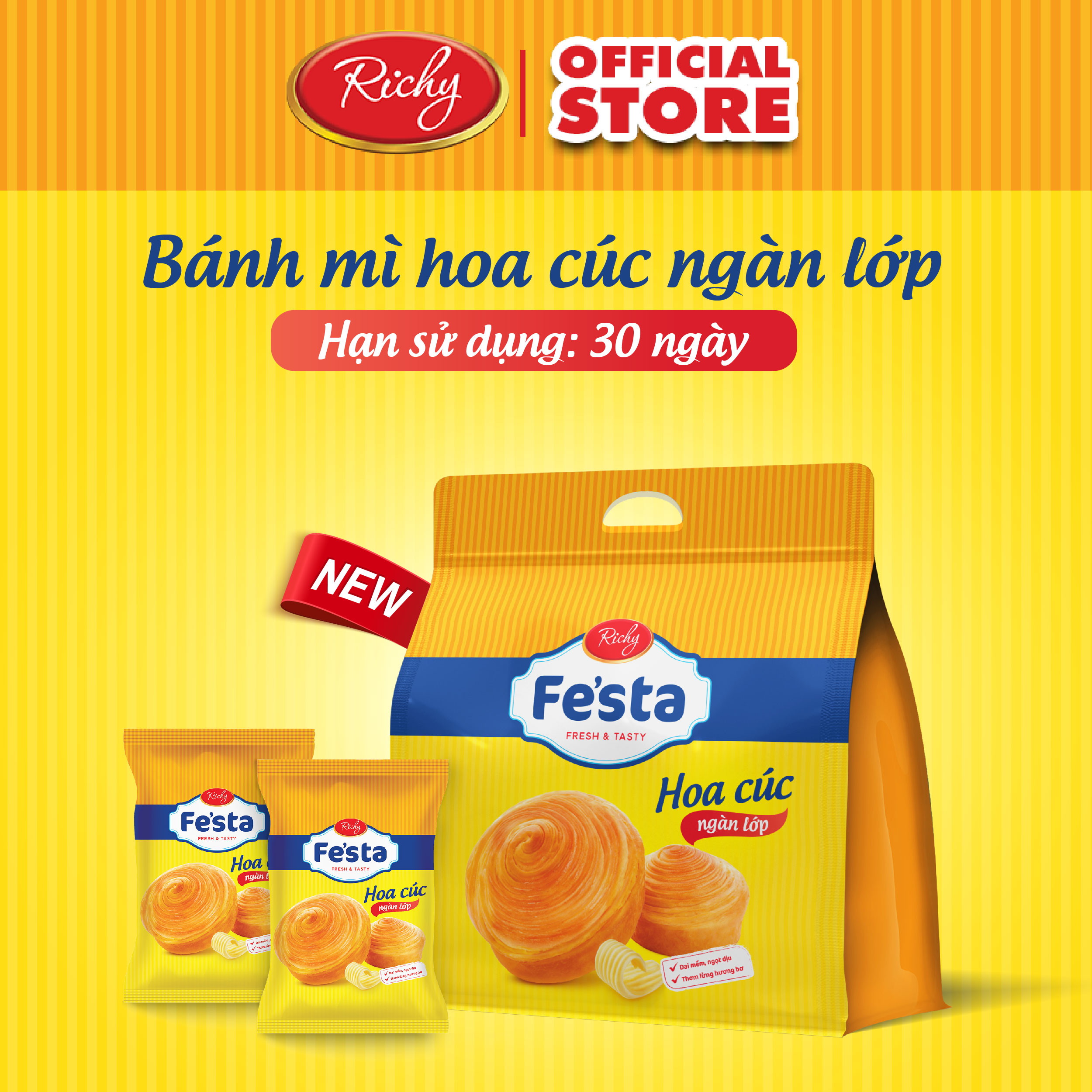 [NEW - BÁNH TƯƠI - HSD 30 NGÀY] Bánh mỳ hoa cúc ngàn lớp Fe'star 120g (40g x 3 bánh)