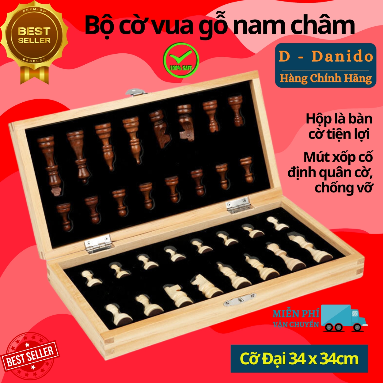 Bộ Cờ Vua Nam Châm Bằng Gỗ Tự Nhiên An Toàn Cao Cấp Size Lớn 34x34cm Chính Hãng