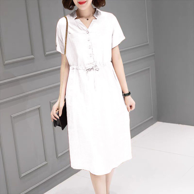 Đầm linen suông nữ cổ V đính cúc, kèm dây thắt eo phong cách công sơ Haint Boutique Da164