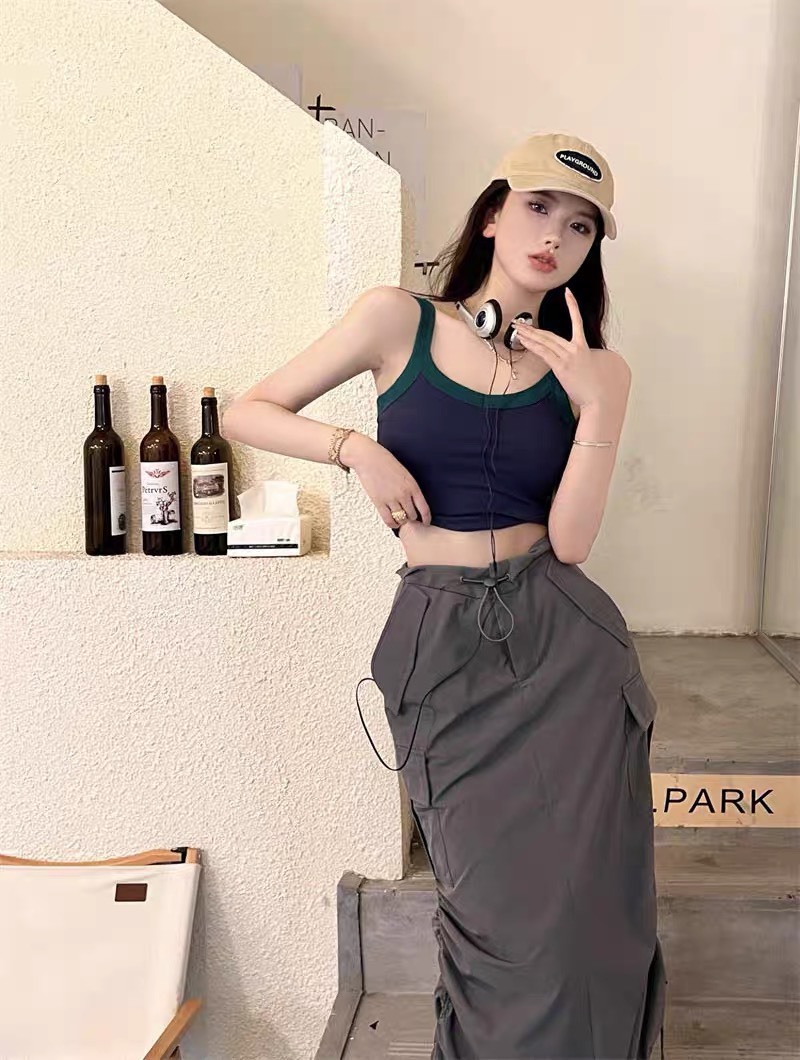 SET CHÂN VÁY DÀI TÚI HỘP LƯNG CAO DÂY RÚT + ÁO THUN CROPTOP DÂY DẠO PHỐ DỰ TIỆC ĐI CHƠI