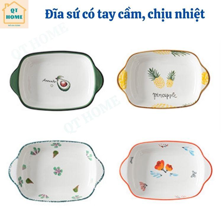 Đĩa Sứ Có Tay Cầm, Khay Nướng Sứ, Dĩa Sứ Sâu Lòng, Họa Tiết Hoa Quả, Trái Cây (Hình Thật)