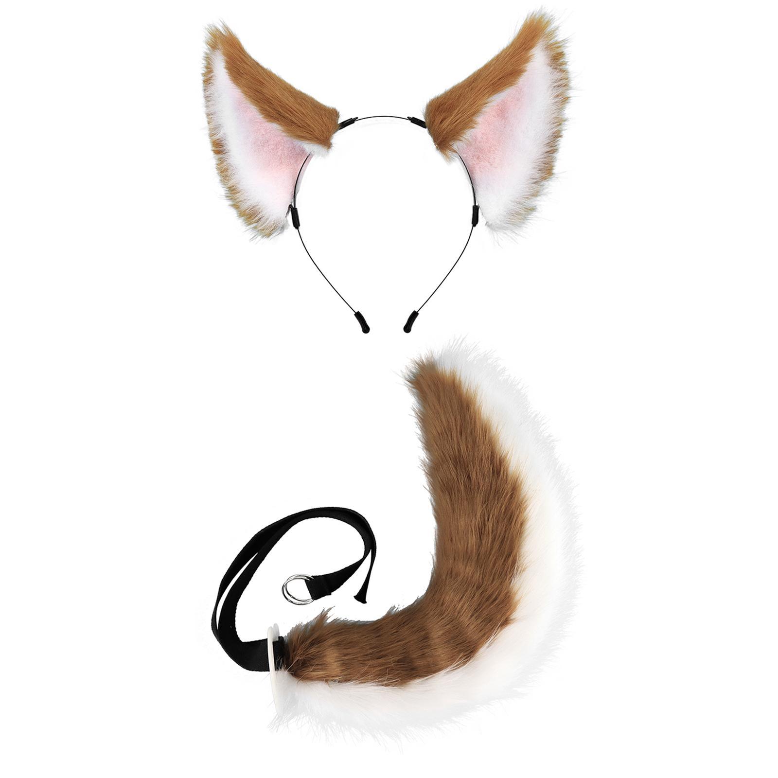Ears and Long Tail Set Hair Hoop Cosplay Cat Ear Plush Wolf Ears Handmade Headdress Headwear for Performance Christmas Prom Party Adults