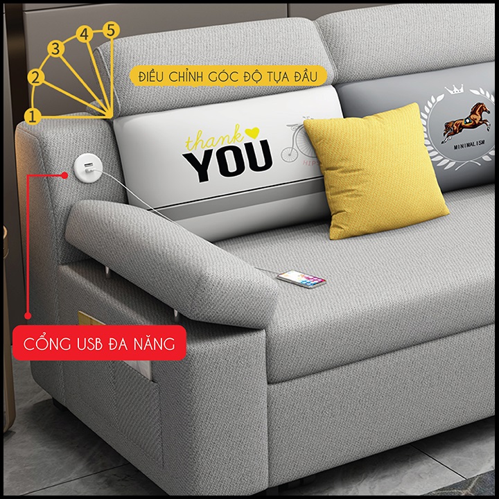 Giường Ngủ Sofa Gấp Gọn Thành Ghế Sofa. Ghế Sofa Giường. Giường Sofa Vải Lanh Cao Cấp Có Ngăn Chứa Đồ, Cổng Sạc USB. Tặng Kèm Gối Cùng Tone