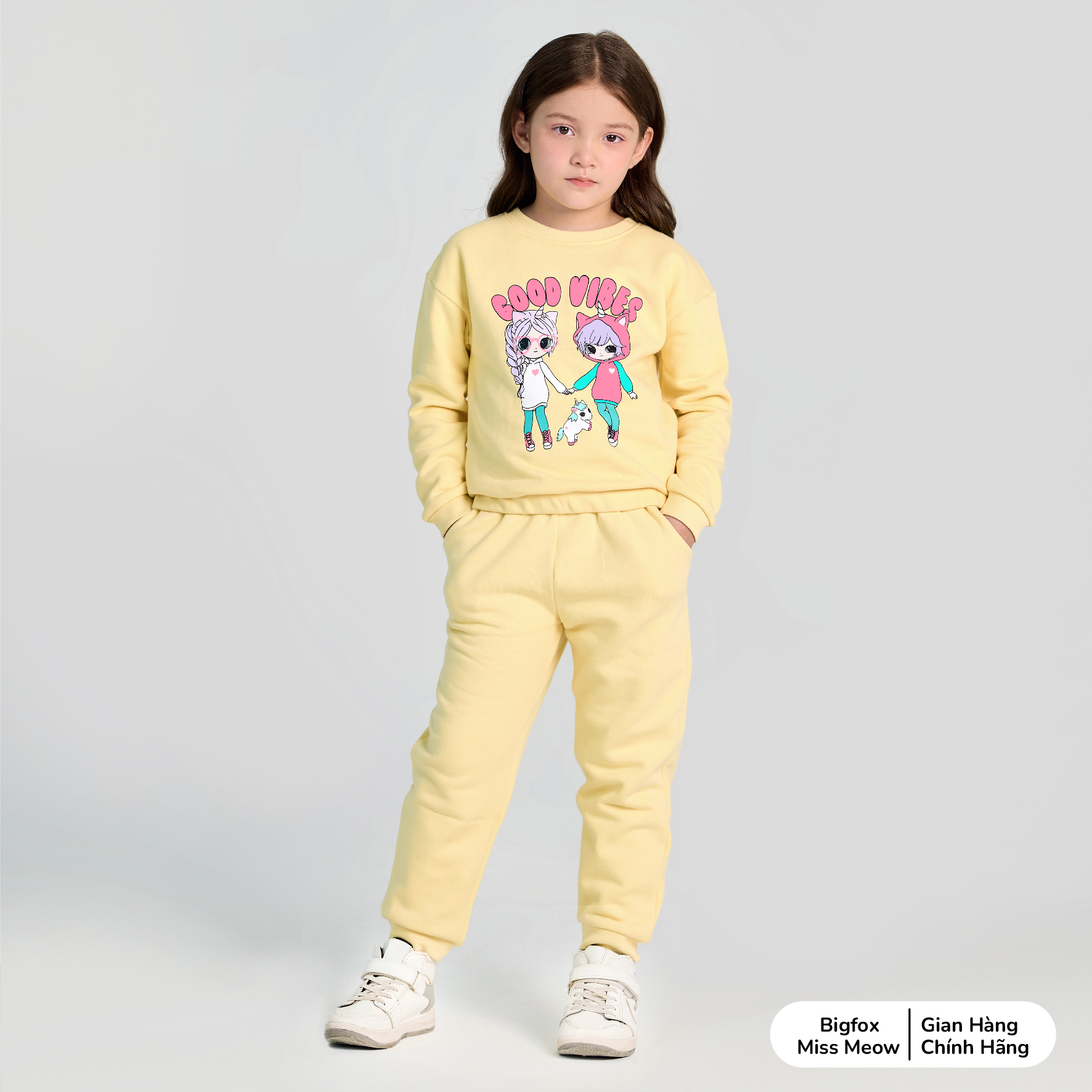 Bộ thu đông bé gái Bigfox Miss Meow size đại, bộ nỉ cho bé vải nỉ bông dày dặn in hai cô gái Good Vibes size 3,4…11 tuổi