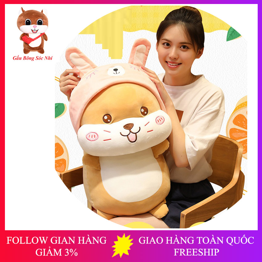 Gấu bông gối ôm chuột hamster mũ hồng vải co dãn 4 chiều Hàn Quốc - GB21