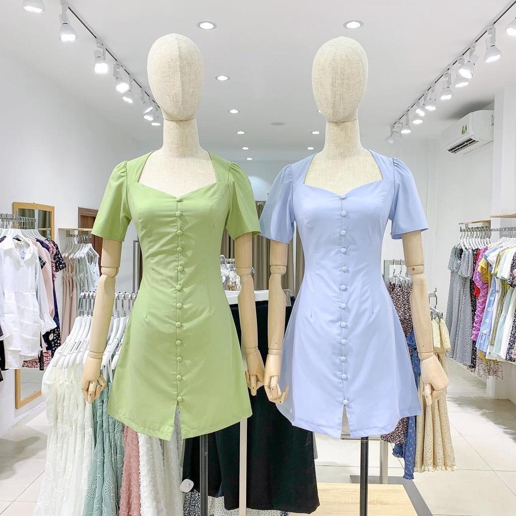 Váy Khuy Cúc Bọc Hở Lưng, Ôm Eo, Tôn Dáng, Màu Dịu Dàng
