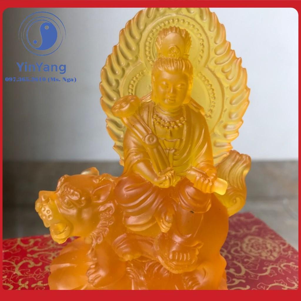 Tượng Văn Thù Bồ Tát Lưu ly màu vàng 10 x 13cm