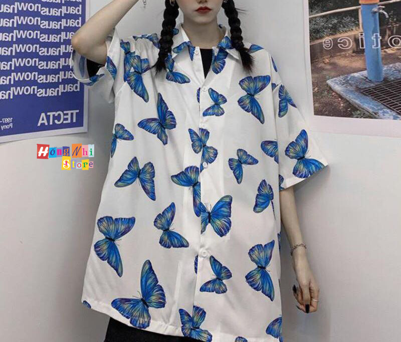 Áo sơ mi hoạ tiết tay lỡ dáng rộng,sơ mi bướm đen tay lửng unisex - mm