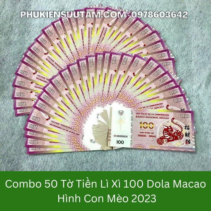 Combo 100 Tờ Lì Xì 100Dollar Macao Hình Con Mèo 2023, kích thước: 15.5cmx7.5cm, màu trắng - SP0054AB