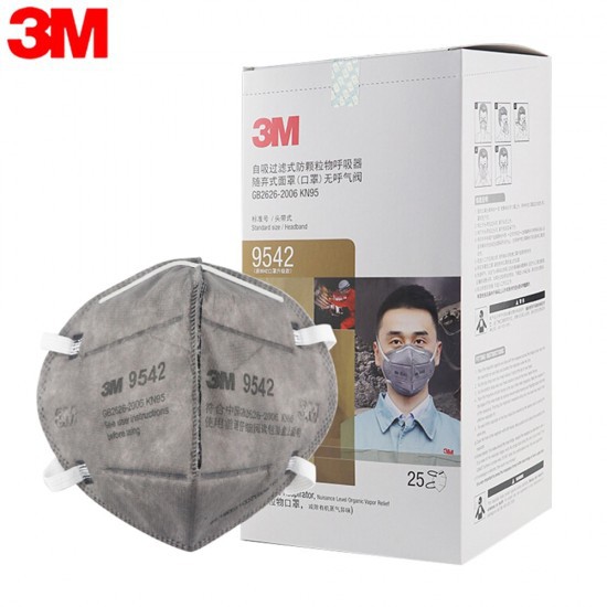 (Dây Đeo Qua Đầu Chống Đau Tai) Khẩu Trang Nhập Khẩu Than Hoạt Tính 3M 9542 KN95 Có Thể Ngăn Ngừa Virus, Lọc Bụi Siêu Nhỏ 2.5PM, AS/ANZS P2, 25 Cái/Hộp