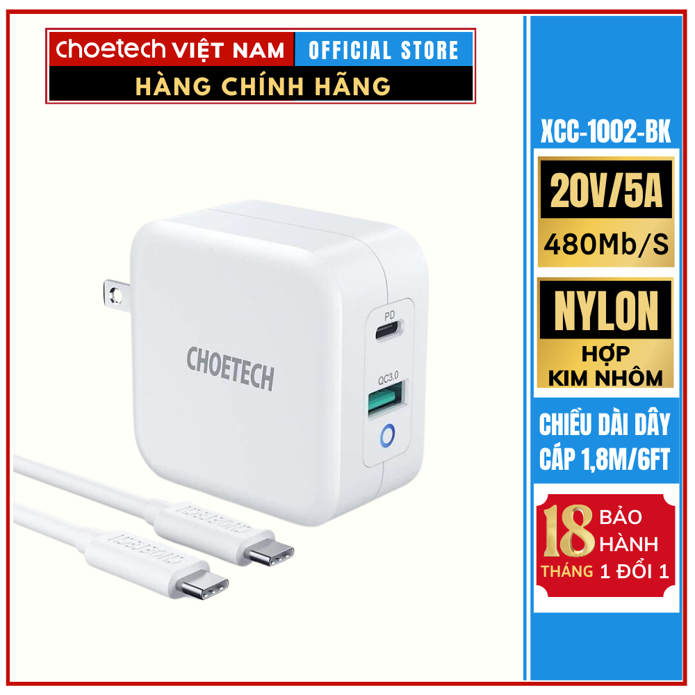 Củ Sạc Điện Thoại, Laptop, Macbook 65W GaN Tech Choetech PD8002 + Cáp Type C to C 100W 1.8M Choetech XCC-1002-BK HÀNG CHÍNH HÃNG