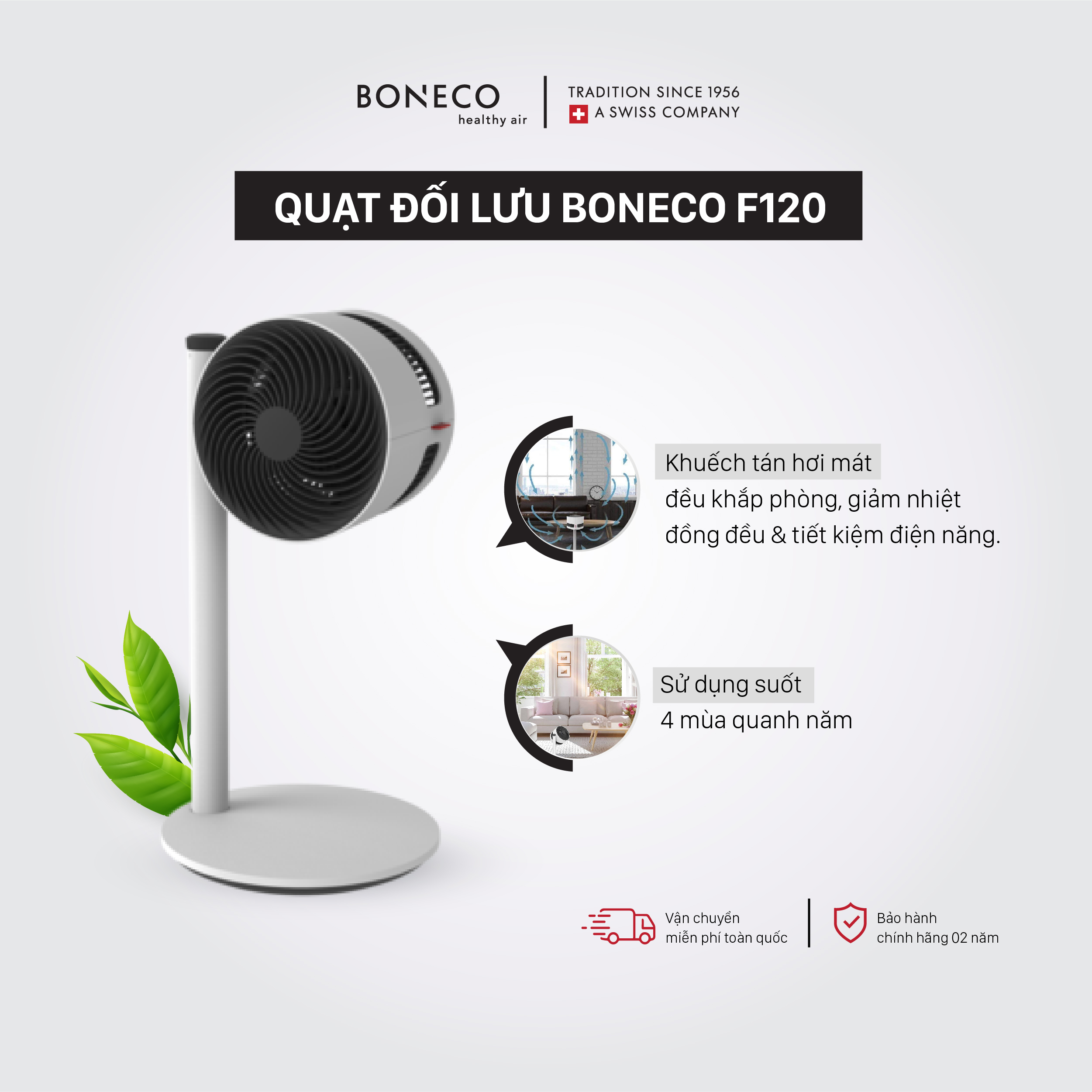 Quạt Đứng Đối Lưu Không Khí BONECO F120 Điện 220V, Nhỏ Gọn Để Phòng Ngủ, Cắm Điện Trực Tiếp, Điều Khiển Cơ Trên Thân Quạt, Kết Hợp Với Điều Hoà Làm Mát Phòng- Hàng Chính Hãng