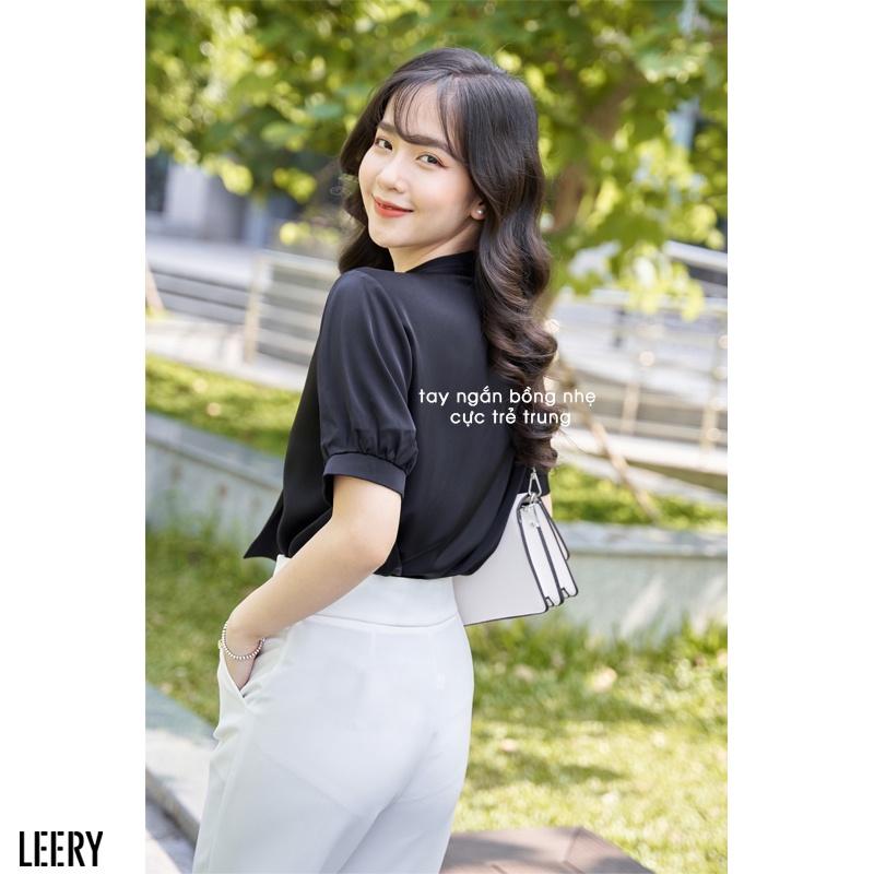 Áo sơ mi nữ tay phồng kiểu công sở Hàn Quốc form rộng vải lụa Ý cao cấp ngắn tay màu Trắng Đen Hồng LEERY S.M-07