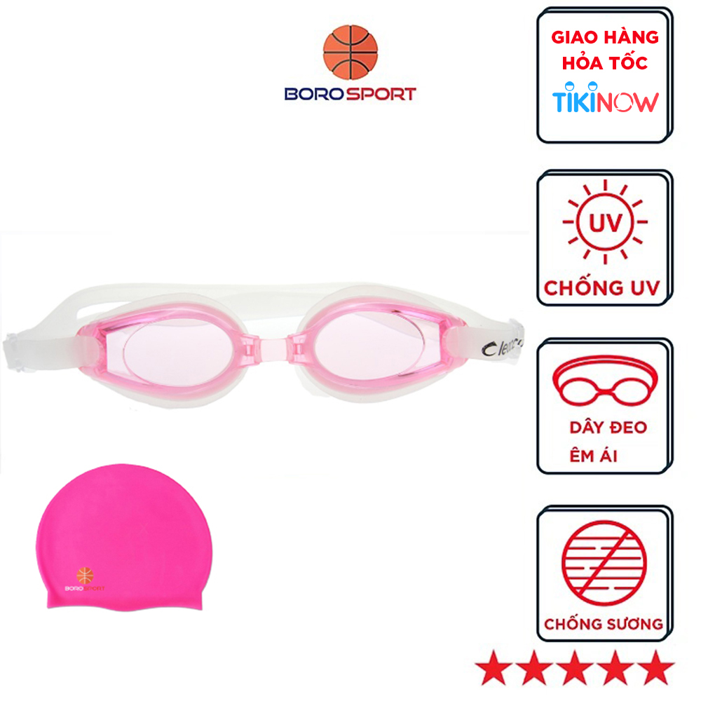 Kính bơi chống sương mờ, chống UV Cleacco, dây đeo được làm 100% silicone mềm mại, thoải mái, thiết kế không trơn trượt, độ co giãn và độ bền thách thức thời gian, dành cho vận động viên chuyên nghiệp hoặc người thích người đi bơi hằng ngày. Tặng nón bơi Silicon Cleacco cao cấp