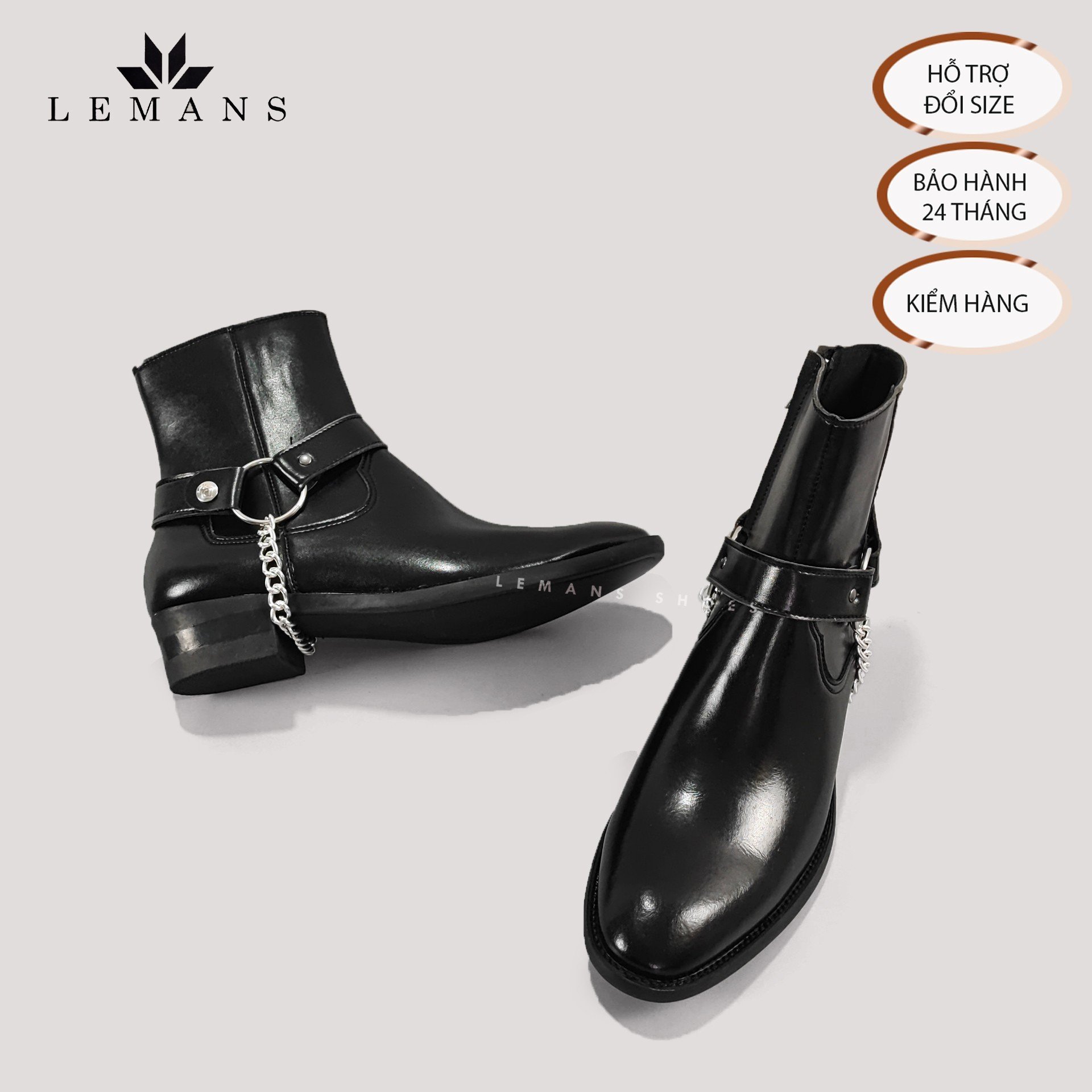 Giày da bò Zip Boots Black LeMans ZB01B, phối đai xích tạo thành 3 đôi Harness, bảo hành 24 tháng