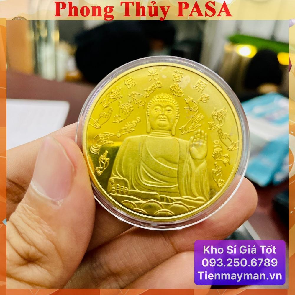 Đồng Xu Đức Phật, Phật Tổ Như Lai Mạ Vàng Quà Tặng Bình An May Mắn, mẫu NGỒI, tặng túi gấm đỏ