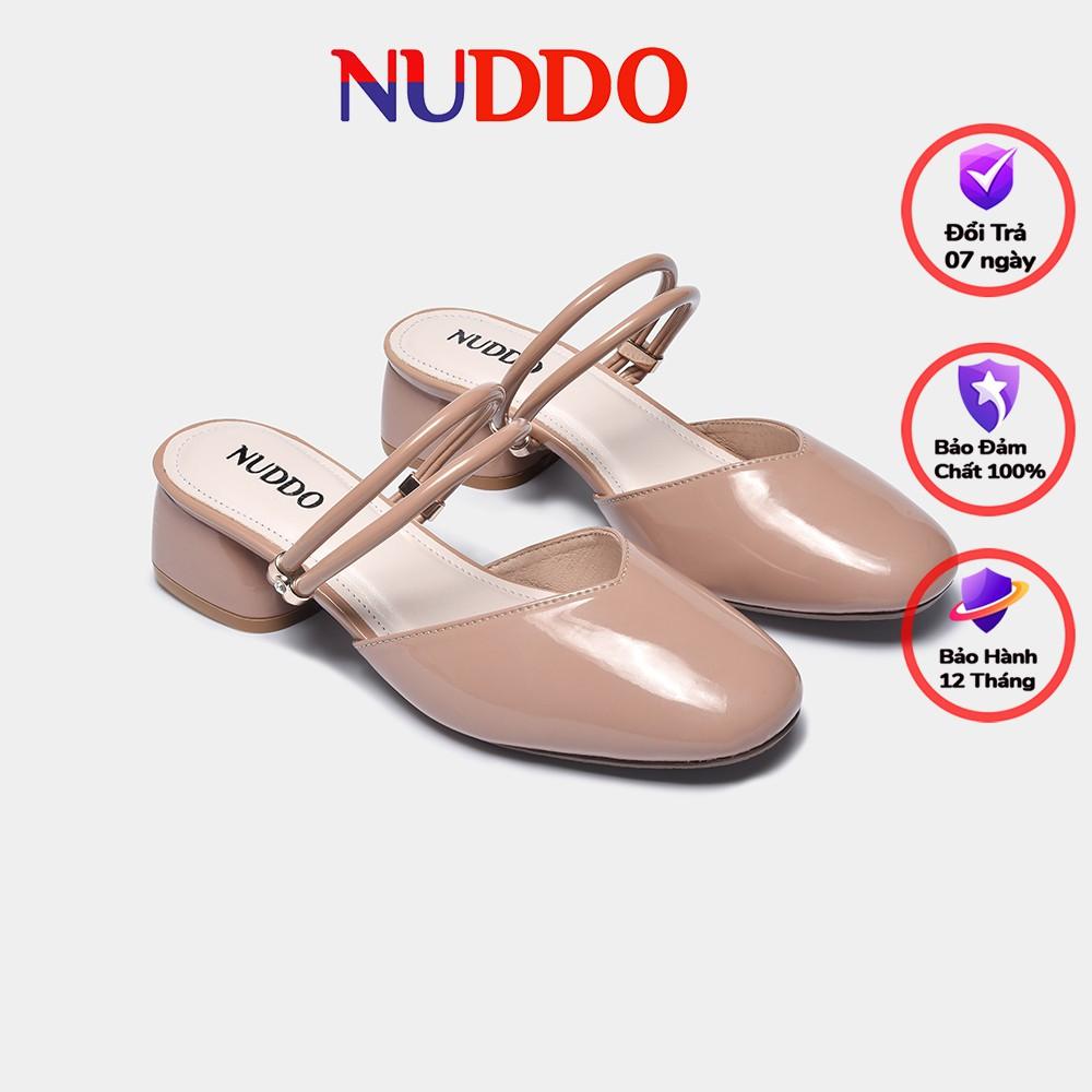 Giày sandal cao gót nữ mũi tròn thời trang NUDDO gót vuông cao 3 phân da bóng phong cách Hàn Quốc