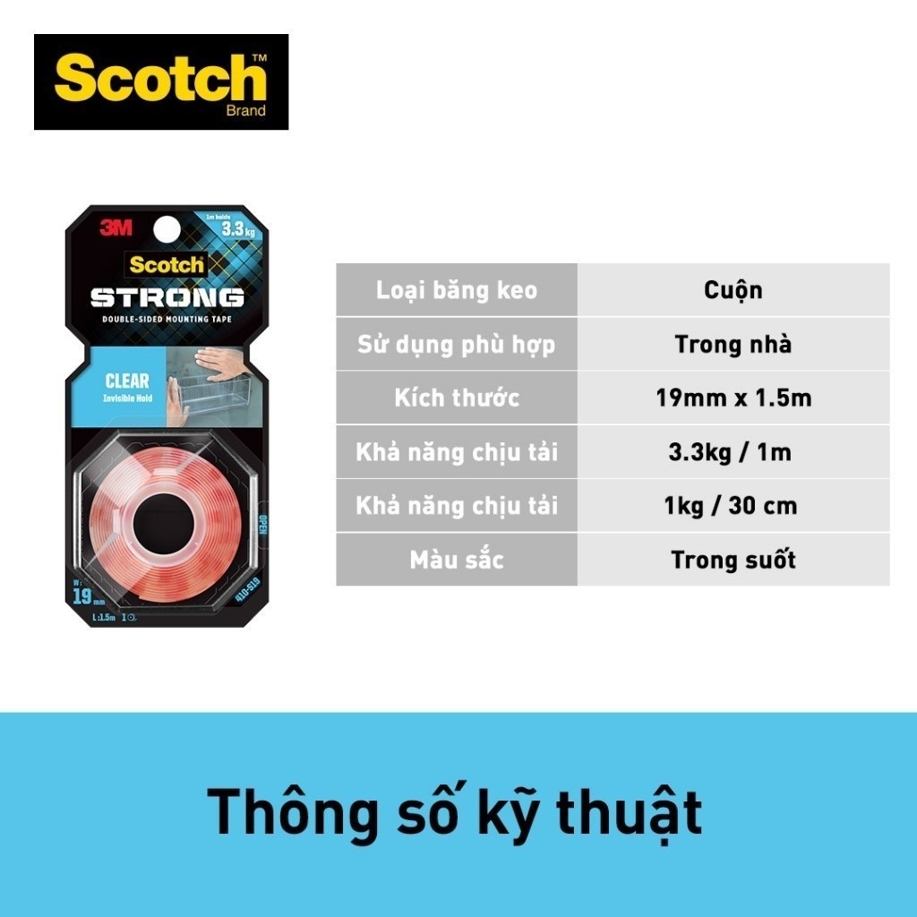 Băng dính hai mặt chịu lực trong suốt 3M Scotch 410-S19, 19mm x 1.5m, chịu trọng tải 3,3kg (1 cuộn)