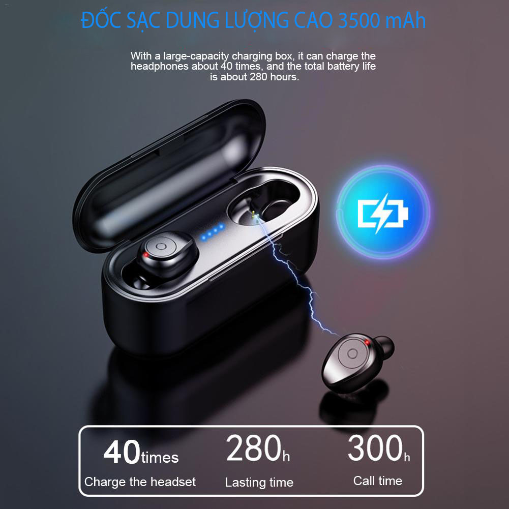 Tai Nghe Bluetooth TWS F9 Tai Nghe Nhét Hai Tai Bluetooth 5.0 True wireless Cảm Ứng Vân Tay, Nút Bấm Chống Nước Dock Sạc Dự Phòng - VÂN TAY