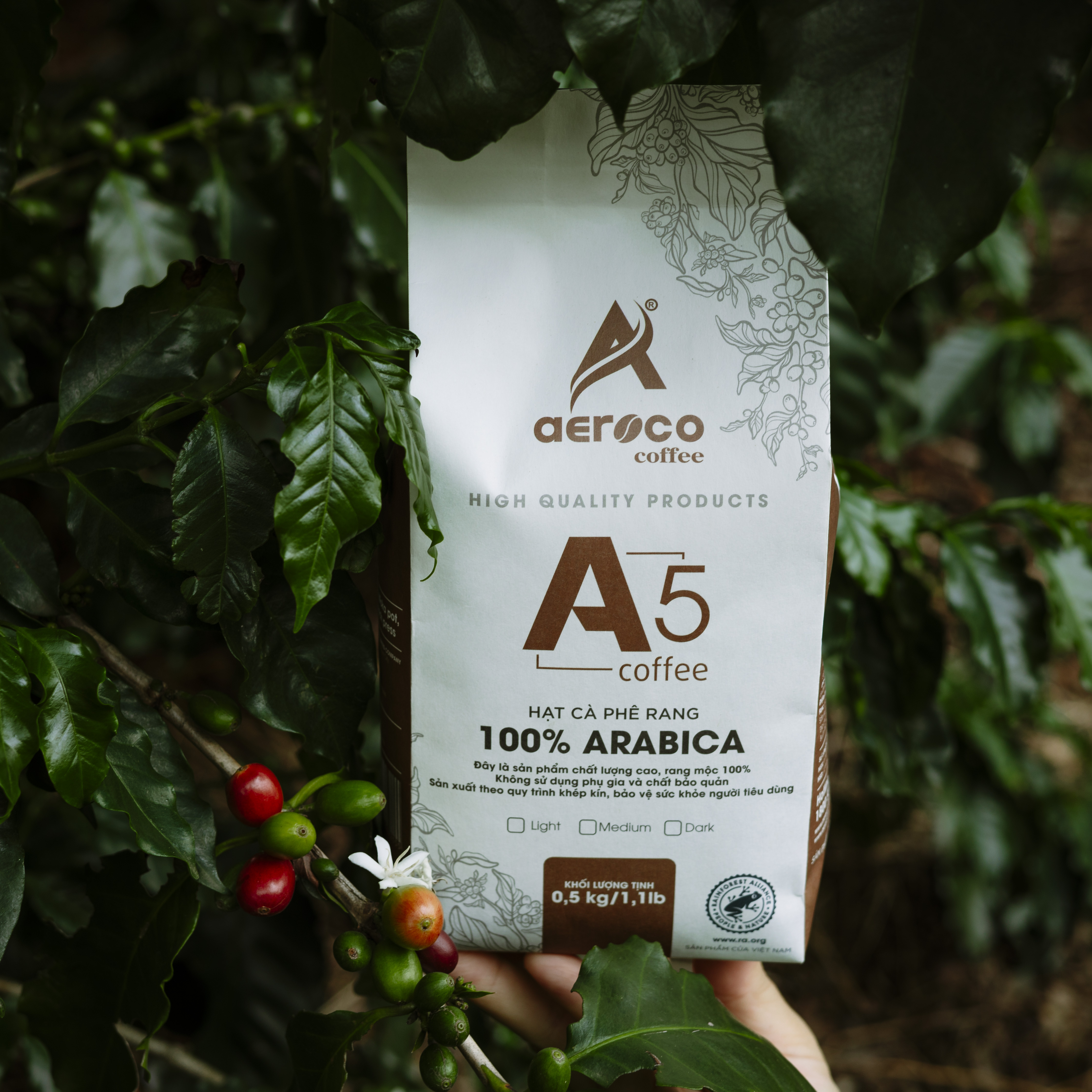 Túi 500g_Cà phê AEROCO hạt rang A5 (100% Arabica) nguyên chất 100% rang mộc hậu vị ngọt thơm quyến rũ, phù hợp pha máy và pha phin