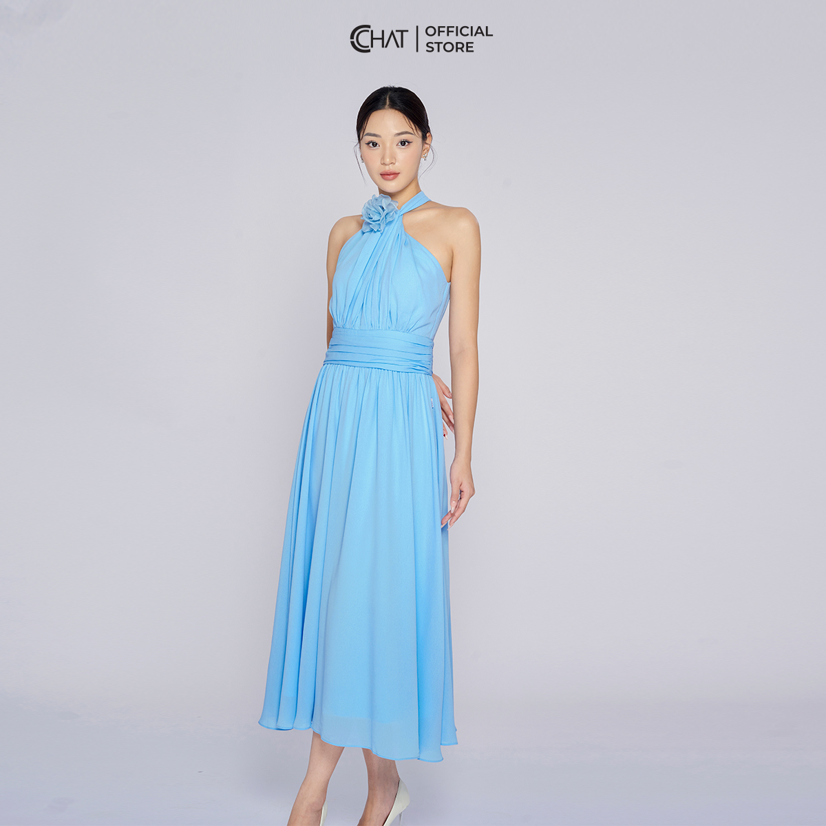 Đầm Nữ Kiểu Cổ Yếm Rúm Xòe Ôm Eo Chất Voan Cao Cấp Mềm Mịn 53VSV2004XT