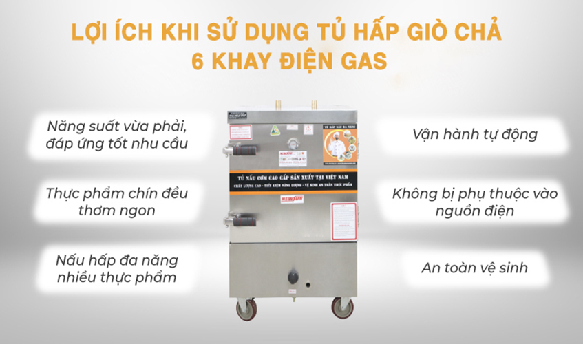 Tủ Hấp Giò Chả, Thực Phẩm 36 Kg Bằng Điện Gas 6 Khay Inox 304 NEWSUN, Năng Suất Cao - Hàng Chính Hãng