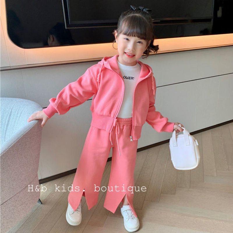 Hoodie - Bộ thể thao bé gái, áo khoác, quần ống rộng xẻ năng động kèm áo cotton mềm mịn size 12-22kg