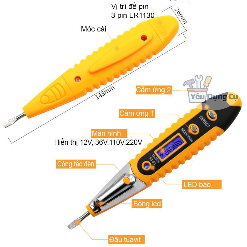 Bút thử điện cảm ứng đa năng 12v-250v có chức năng dò dây đứt ngầm màn hình led