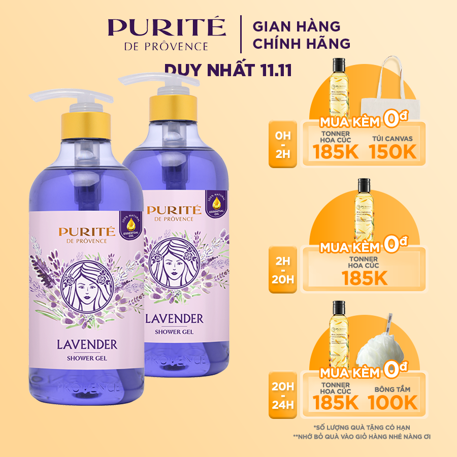 [Hàng Chính Hãng] Combo 2 chai Sữa Tắm Thư Giãn Hoa Oải Hương Purité 850ml/chai