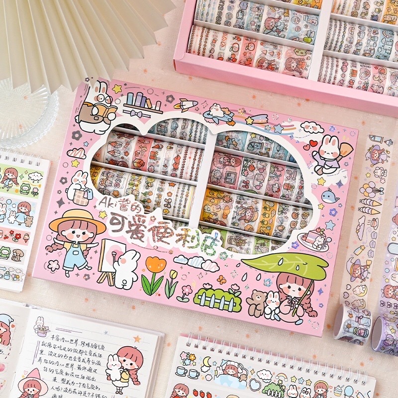 Hộp 100 cuộn washi tape dễ thương có cuộn to cuộn nhỏ dùng để dán hoặc trang trí