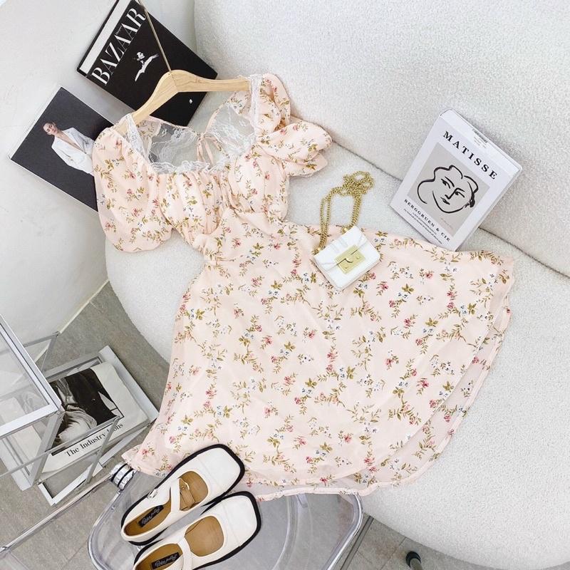 Đầm hoa xoè cut out hở lưng phối ren
