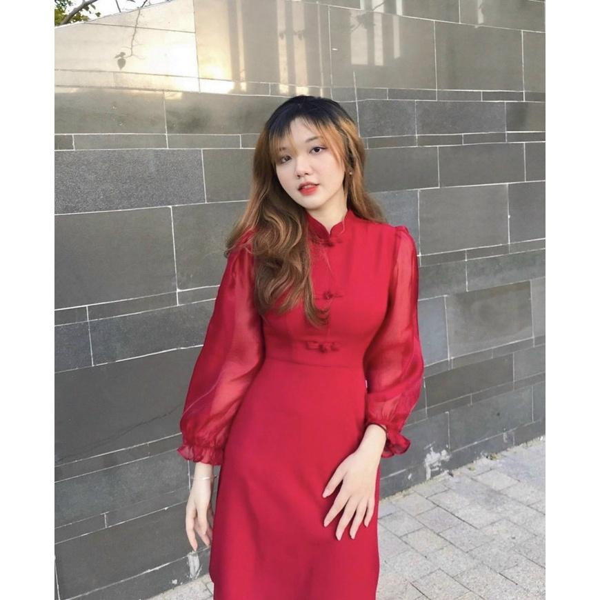 Đầm đỏ cổ tàu phối tay voan dự tiệc tay dài